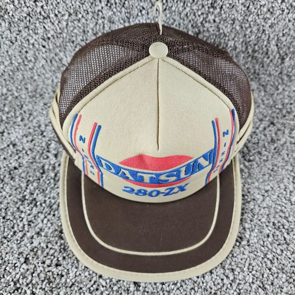 Vintage Datsun Trucker Hat Cap Snap Back 3 Stripe Mesh 280ZX Brown Tuner JDM 80s